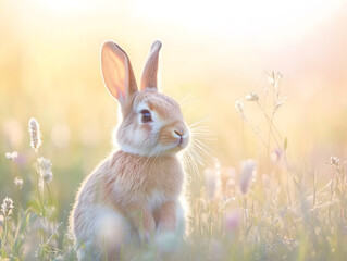 Cute Bunny Rabbit Sitting in a Field of Flowers at Sunset