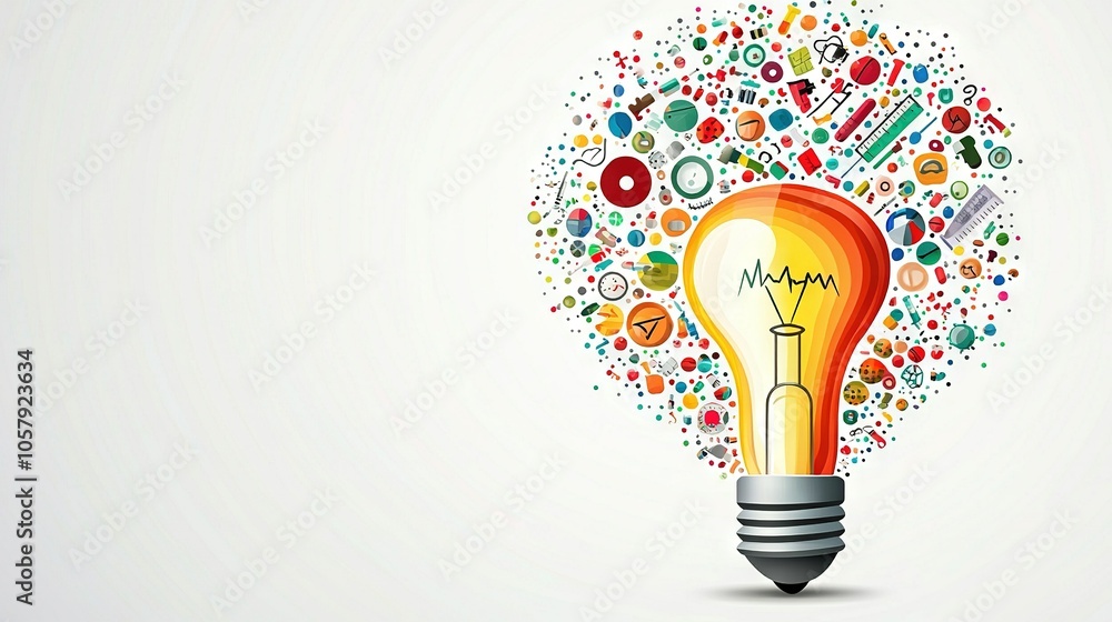 Poster a lightbulb with various elements emanating from its glow against a white backdrop