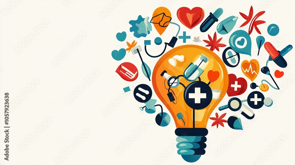 Poster a heart-shaped bulb on white with various objects inside it
