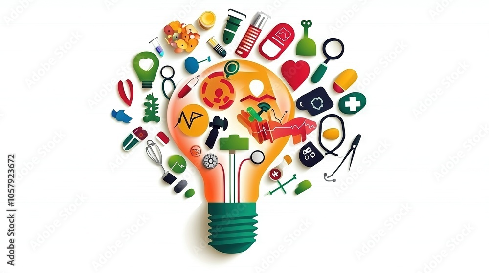 Poster a light bulb emitting multiple objects in the form of a bulb