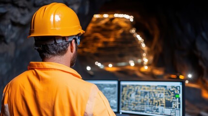 In a mining control room, an operator monitors glowing screens showing underground mining operations with focused precision.