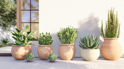 Fototapeta premium A rustic garden filled with terracotta pots and vibrant green plants in a tranquil outdoor setting