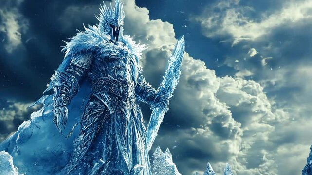 A giant ice warrior stands tall against a backdrop of white clouds in a frozen wasteland