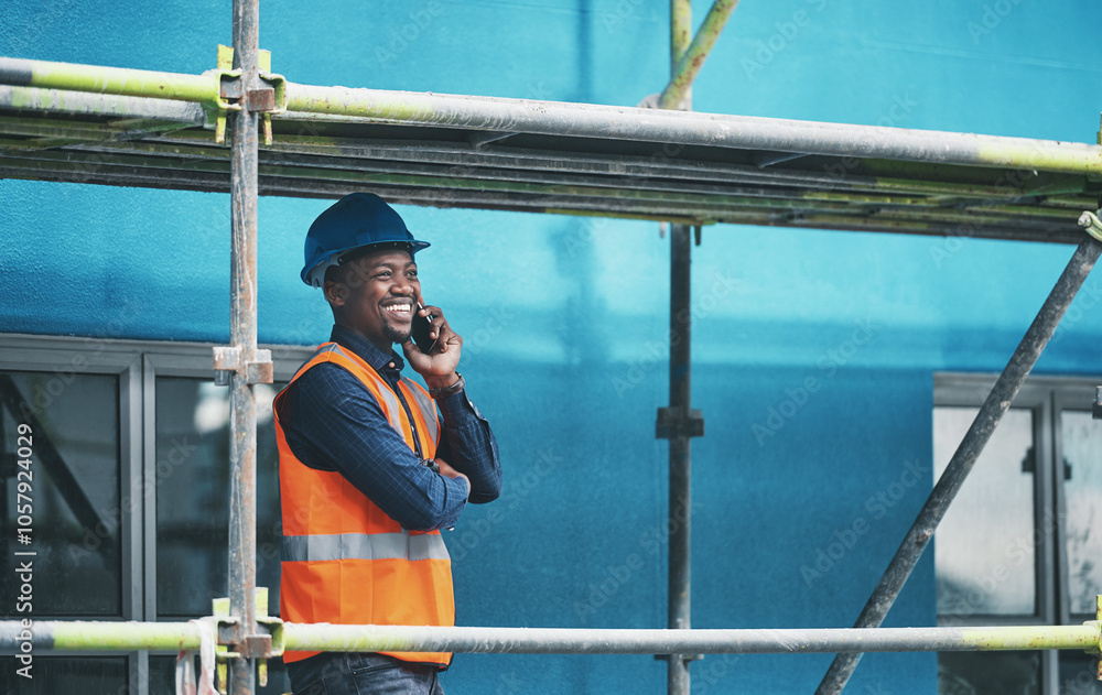 Poster planning, construction and black man on site with phone call, communication and architecture. proper