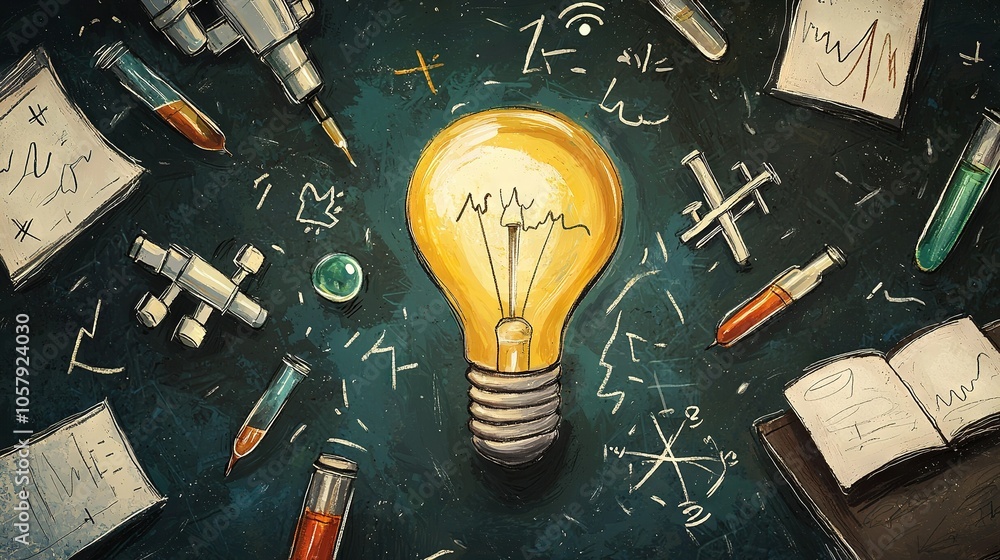 Poster a chalk-covered black canvas featuring a lone light bulb amidst an array of scientific objects and b
