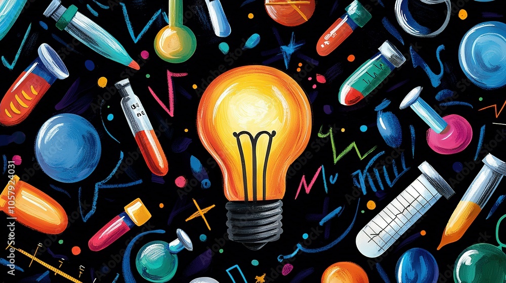 Poster lightbulb among lab equipment on dark canvas with multicolored confetti
