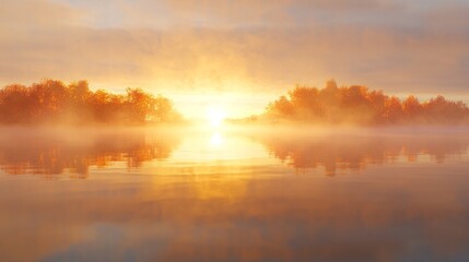 Naklejka premium Majestic Autumn Sunrise Over Misty Lake - Symbol of New Beginnings and Self-Control in November