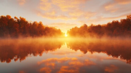 Obraz premium Vibrant Autumn Sunrise over Misty Lake, Symbolizing New Beginnings in November