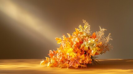 Harmony in Autumn: Exquisite Bouquet on Wooden Table with Soft Light, Embracing Balance and Beauty in Moderation