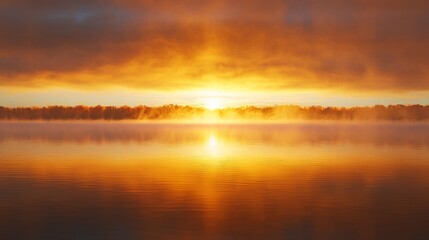 Naklejka premium Majestic Autumn Sunrise at Misty Lake - Symbol of New Beginnings and Self-Control in November