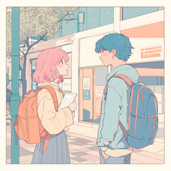 Cute Couple Students Talking on Street with Backpacks