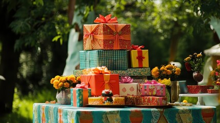 Colorful Gift Box Arrangement in Outdoor Garden Setting