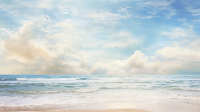 Tranquil beach scene with a gentle sea and soft clouds.