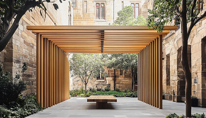 a span of wooden slats carved into the middle of an old historic building, creating a
relaxing square space