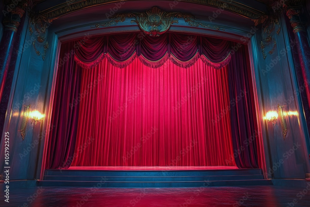 Aufkleber a dramatic stage setup with red curtains and a circular backdrop illuminated by soft lights