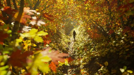Adventurous Hiker Embracing Autumn Beauty in Vibrant Forest Trail - Ultra-Detailed Exploration of Colorful Foliage and Self-Control Journey