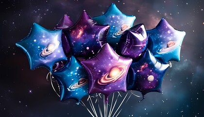 Galaxy-themed birthday balloons in deep purples and blues, with star and planet designs.