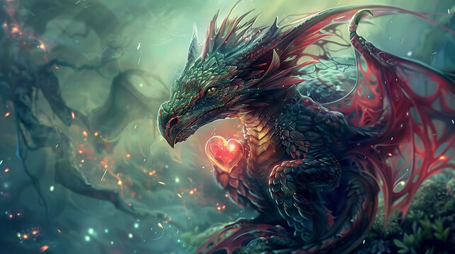 A beautiful digital painting of a green dragon with red wings.