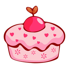 Cute pink cupcake with heart patterns and cherry on top, isolated on white background. Design for themes of love, dessert, and celebration. Vector