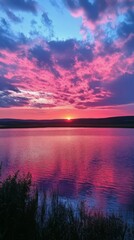 Fototapeta premium Beautiful sunset with colorful rays over a serene lake surrounded by mountains