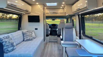 Obraz premium Warm golden hour light floods a cozy camper van interior, inviting relaxation and adventure on the open road.