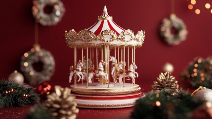 Classic porcelain Christmas carousel isolated on a muted red background, with intricate gold details and wreaths