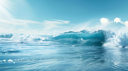 The image is of a large wave crashing in the ocean. The wave is blue and green, and the water is crystal clear.