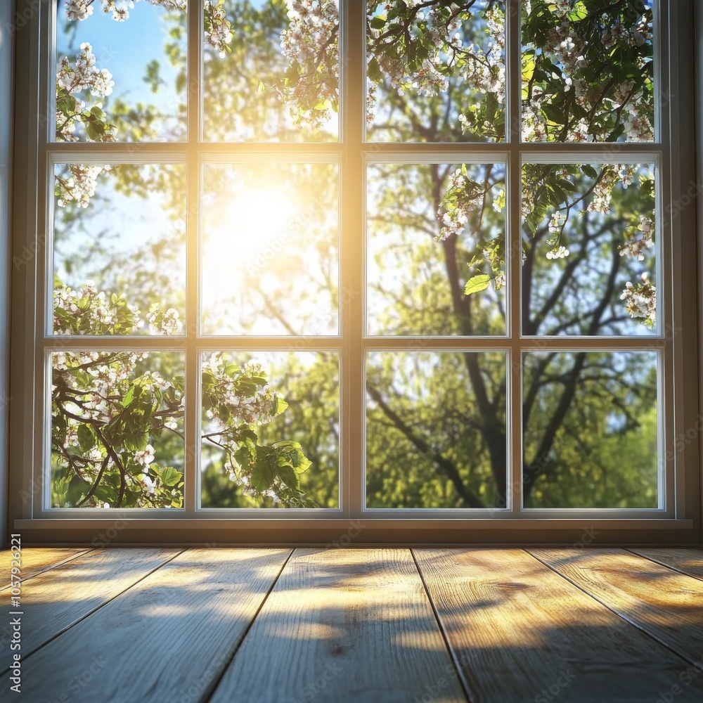 Poster sunlight streaming through a window with blossoming trees in the background during springtime