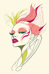 This elegant line art illustration portrays a modern woman with flowing hair in pastel shades, emphasizing aesthetics and a graceful sense of contemporary style.