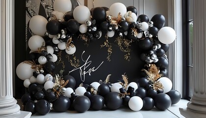 A stylish balloon arch for celebrations featuring elegant black white and gold accents in a sophisticated setting perfect for events and gatherings