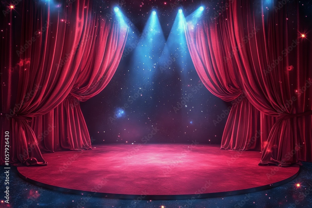 Poster a dramatic stage setup with red curtains and a circular backdrop illuminated by soft lights
