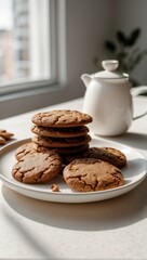 Vegan healthy gingerbread cookies lie on a white stylish plate. On a light table in the background there is a cup of coffee, a kettle. Bright stylish modern kitchen. Window with sunlight.	