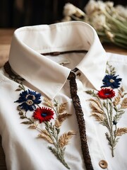 The white linen shirt with handmade embroidery lies on a wooden natural table. Several beige embroidered spikelets and cornflowers. Dry herbs, flowers. Stylish modern authentic unique art. Business.	