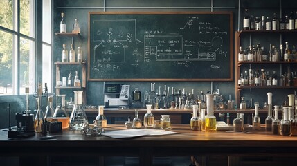 Classroom where chemistry is taught, with a teacher's desk, lab equipment for experiments, a blackboard with formulas, and chemicals on shelves. Science and learning are taught here.
