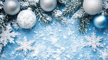 Winter Holiday Background with Sparkling Christmas Ornaments, Frosted Pine, and Snowflakes, Creating a Magical, Cozy Scene for Greeting Cards and Seasonal Marketing Designs