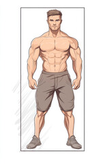 Fototapeta premium A muscular man stands firmly with a strong and determined look, wearing athletic shorts and shoes. His posture reflects fitness and confidence, an empowering image.