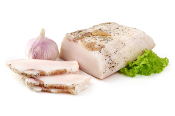 Salted lard, close-up, isolated on white background.