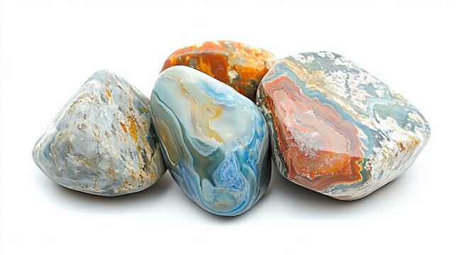 Colorful, tumbled ocean jasper with smooth crystals isolated on a white background.