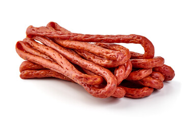 Kabanos thin dry sausage, snacks for beer, isolated on the white background.