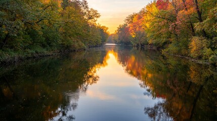 Obraz premium Tranquil Sunset Serenity: Colorful Trees Reflected in Calm River, November Moments of Self-Control and Peace - Ultra-Detailed Landscape Photography