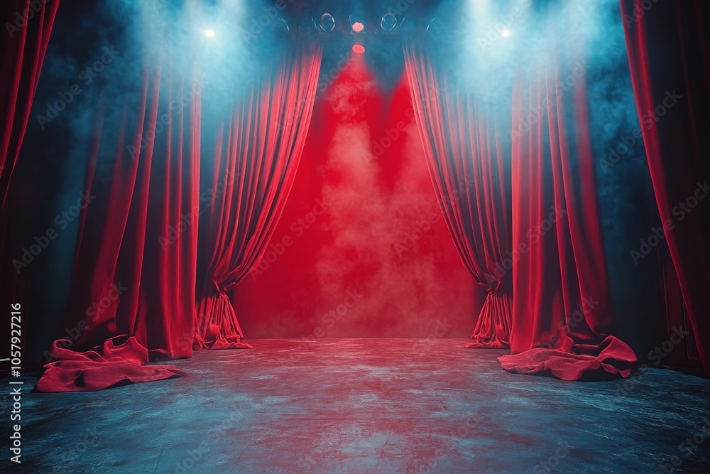 Poster a dramatic stage setup with red curtains and a circular backdrop illuminated by soft lights