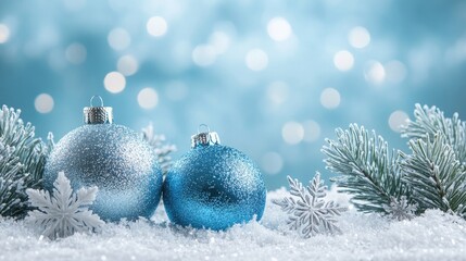 Christmas Wonderland Scene with Glittering Ornaments, Snowflakes, and Frosted Pines in Blue and Silver Tones, Ideal for Holiday Cards, Marketing, and Winter-Themed Visuals