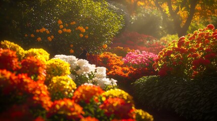 Tranquil Autumn Garden: A Person Tending Vibrant Flowers with Patience and Graceful Self-Control, Ultra-Detailed Scene of Nature's Beauty