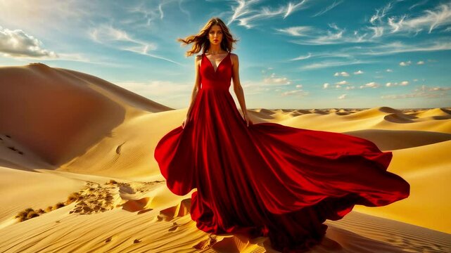 Beautiful girl in chic red dress posing in desert sands
