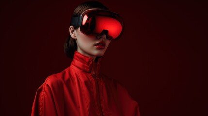 Portrait of a young woman wearing red ski goggles and a red jacket against a dark red background