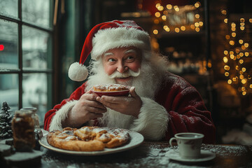 Santa Claus in Christmas holidays having breakfast
