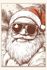 Illustration of Santa Claus wearing sunglasses and a Santa hat, enjoying a holiday on a tropical beach with palm trees and stars in the background.