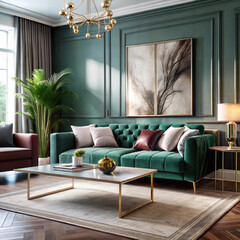 a living room with a velvet sofa