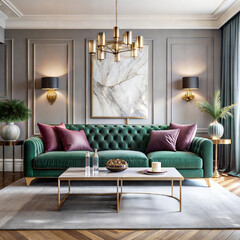 a living room with a velvet sofa