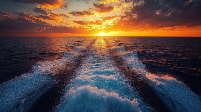 A breathtaking sunset over the ocean with boat wake trailing behind in vibrant colors